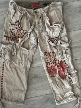 Studded Cargo Pants with Floral Paint Detail